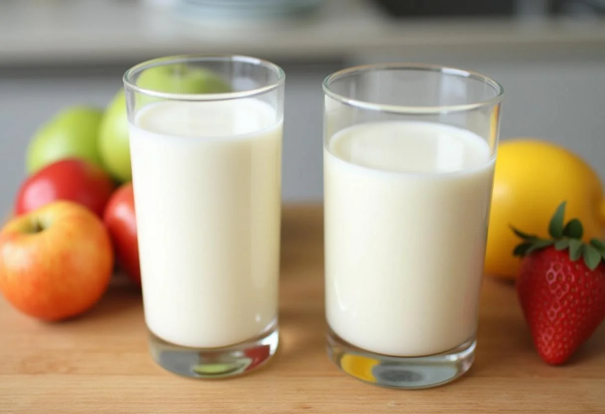 Vergleich von fettarmer und Vollmilch - Kalorien in der Milch abgebildet.
