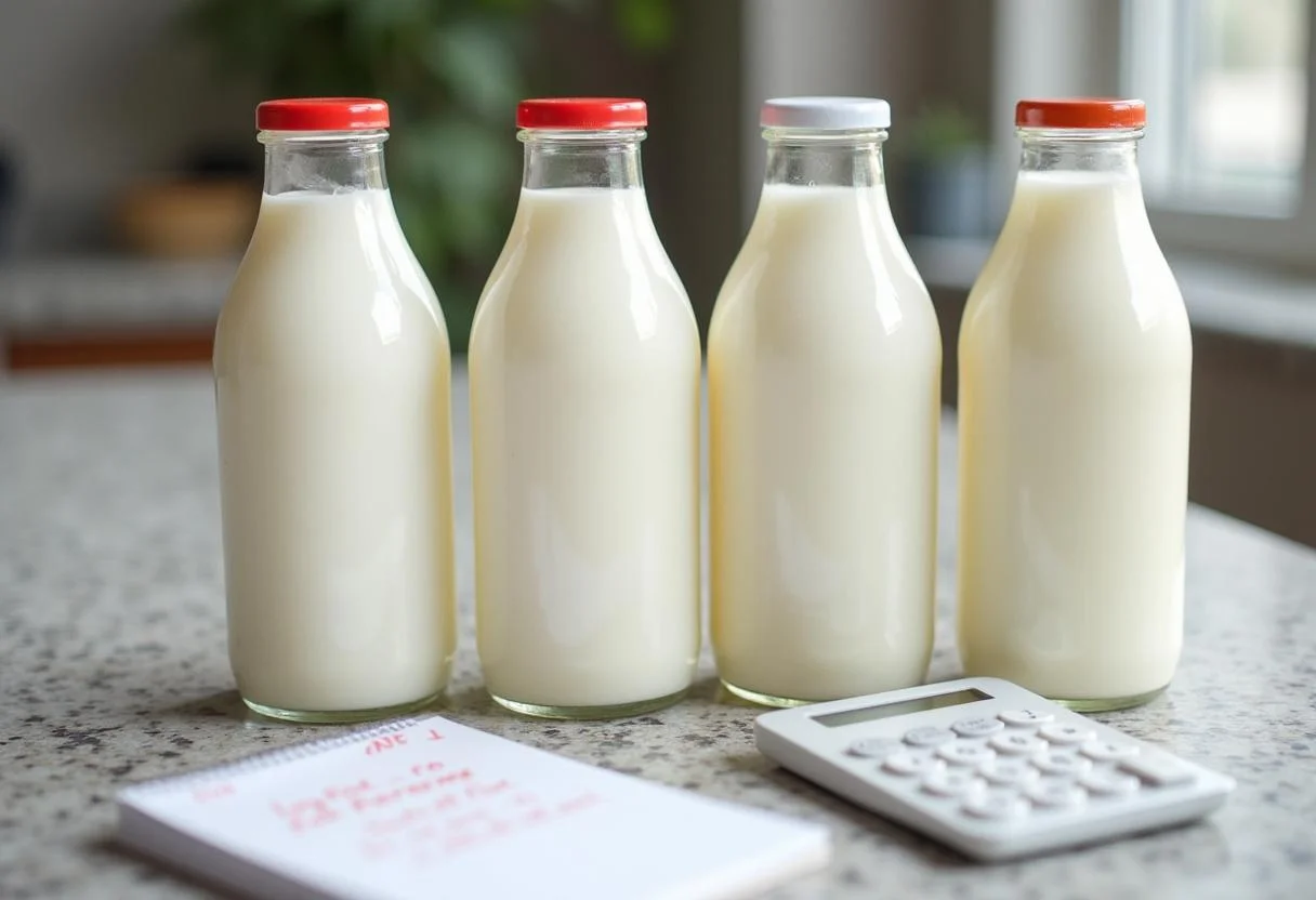 Vergleich von Kalorien in fettarmer und Vollmilch auf einem Tisch.