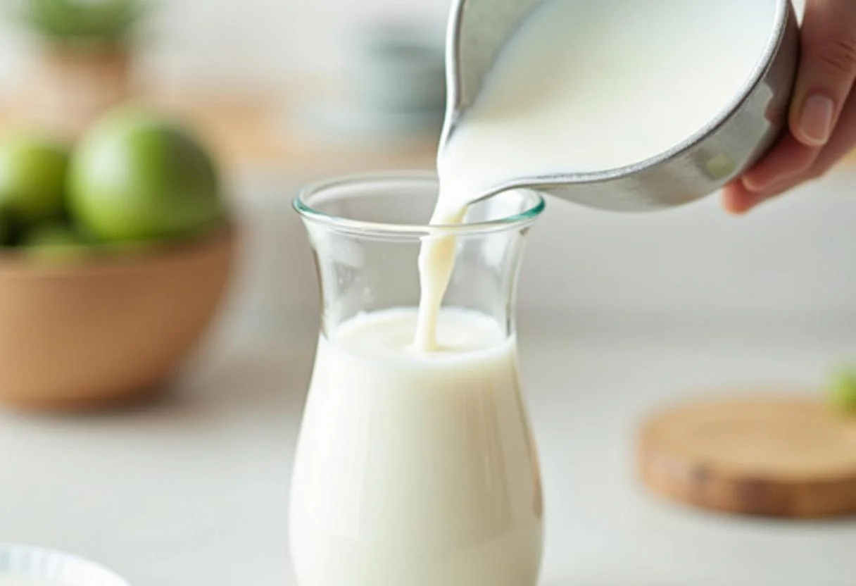 Niedrigkalorische Milch wird in ein Glas gegossen für Kalorienvergleich.