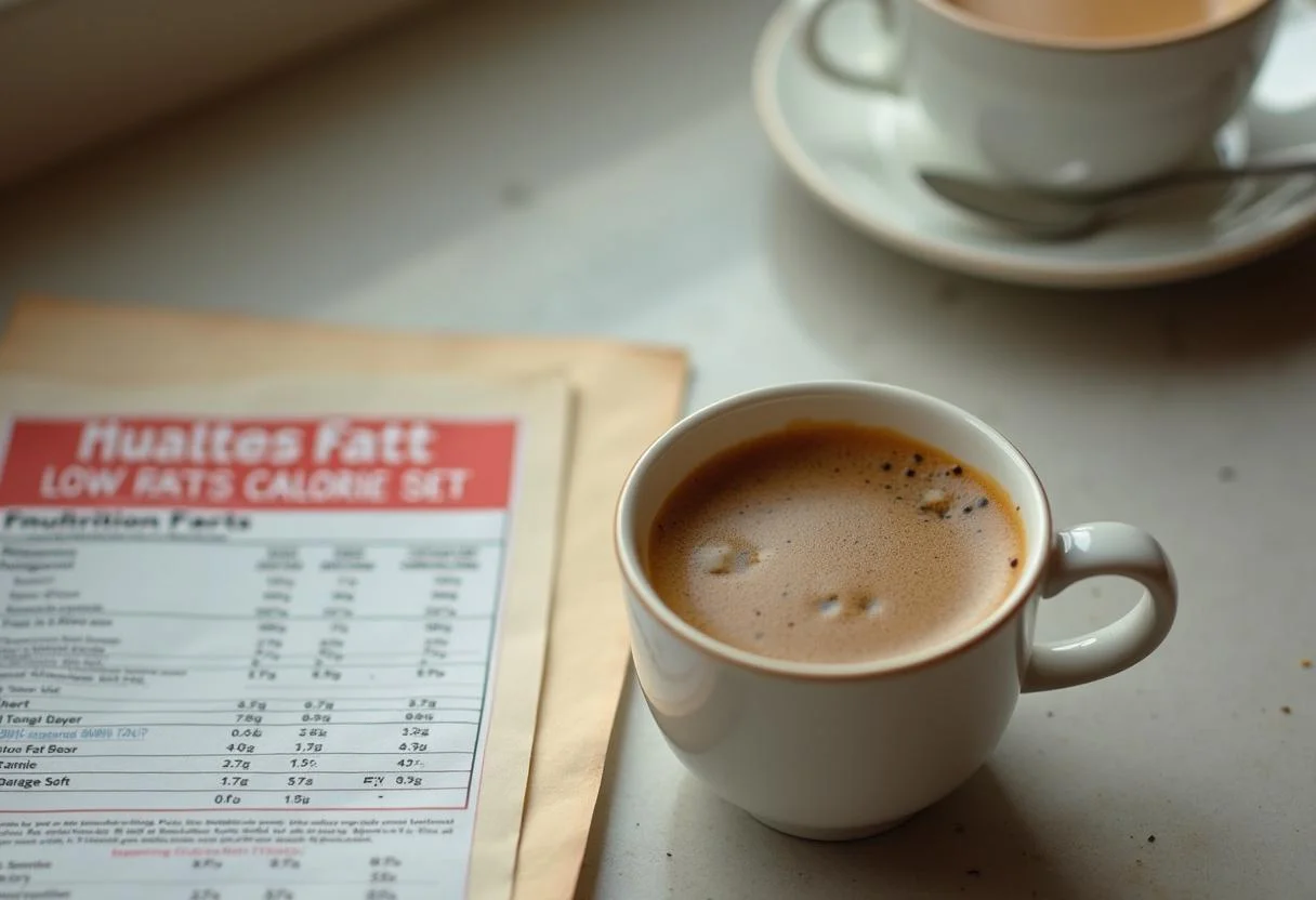Kaffee mit fettarmer Milch und Kalorieninformationen auf dem Tisch.