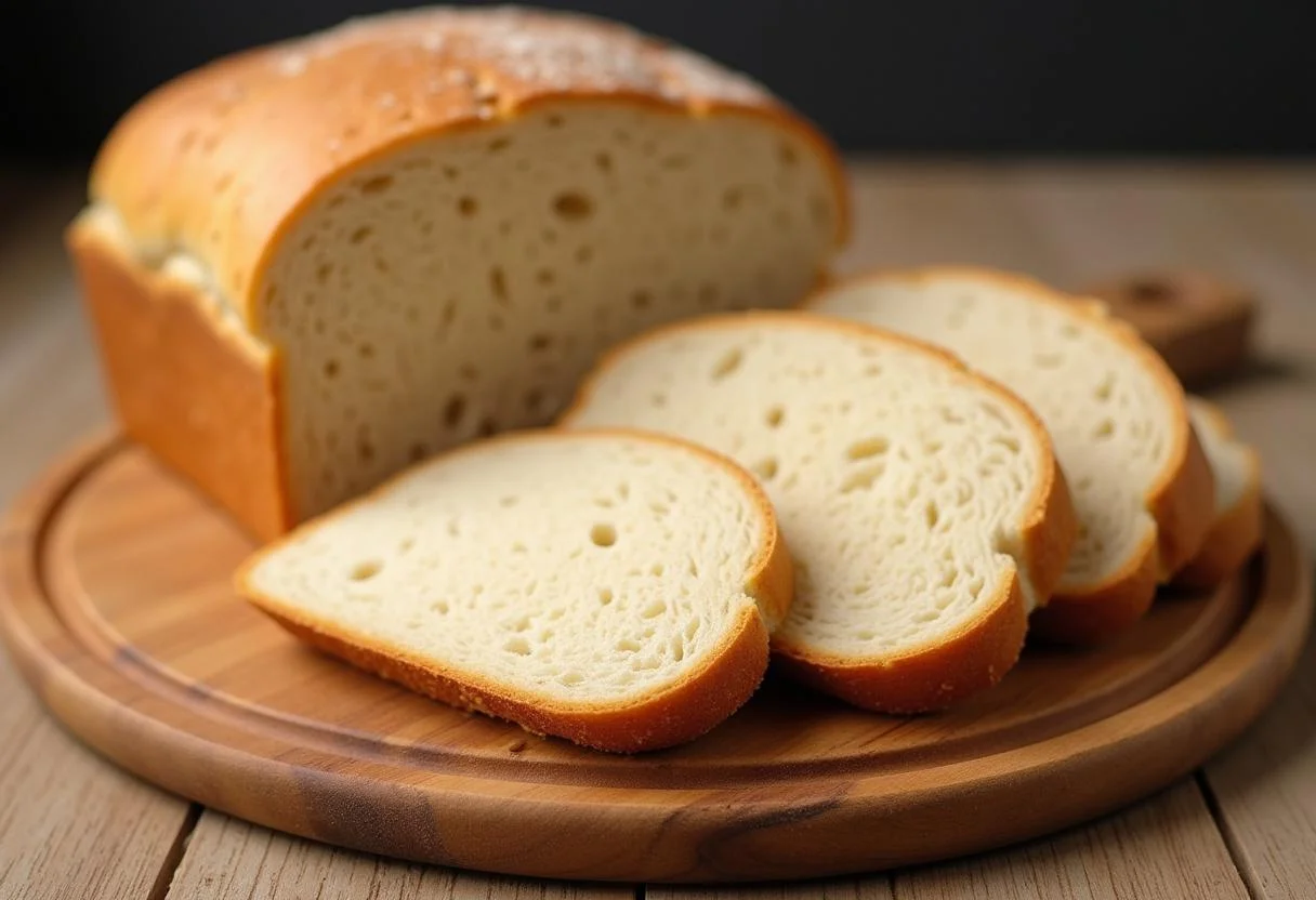 Frisch gebackenes Vollkorn Weißbrot in Scheiben mit leckerer Kruste.