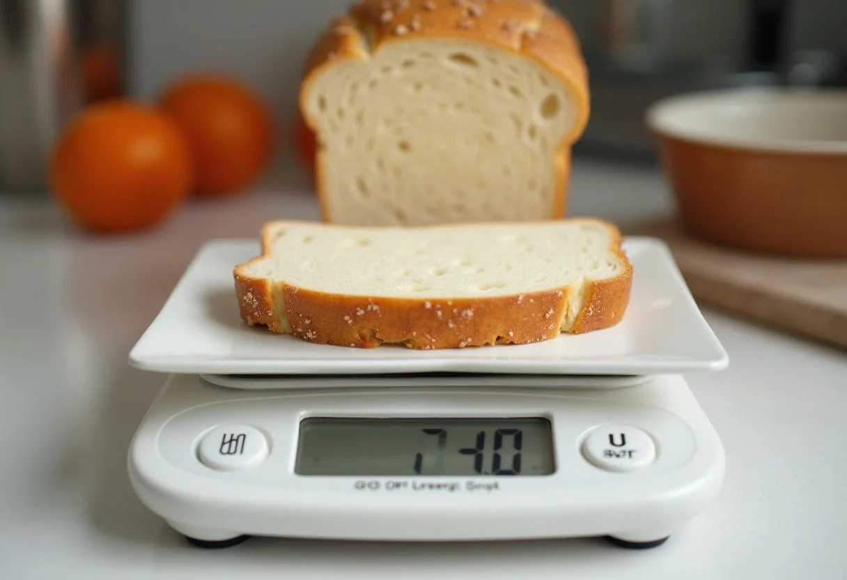Wiegen einer Scheibe Vollkorn Weißbrot zur Bestimmung der Kalorien pro Scheibe.