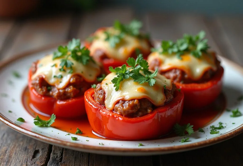 Fertige gefüllte Paprika mit Reis und Hackfleisch, lecker angerichtet für das Rezept gefüllte Paprika mit Reis und Hackfleisch.