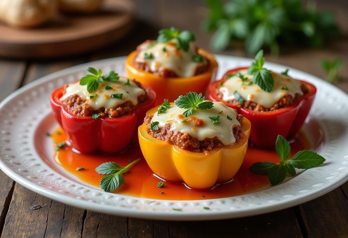 Fertige gefüllte Paprika mit Reis und Hackfleisch, lecker angerichtet für das Rezept gefüllte Paprika mit Reis und Hackfleisch.