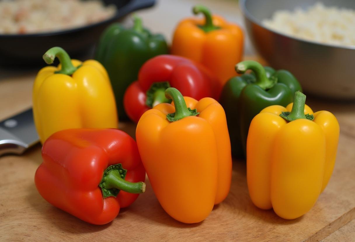 Frische Paprika auf einem Schneidebrett im Rezept für gefüllte Paprika mit Reis und Hackfleisch.
