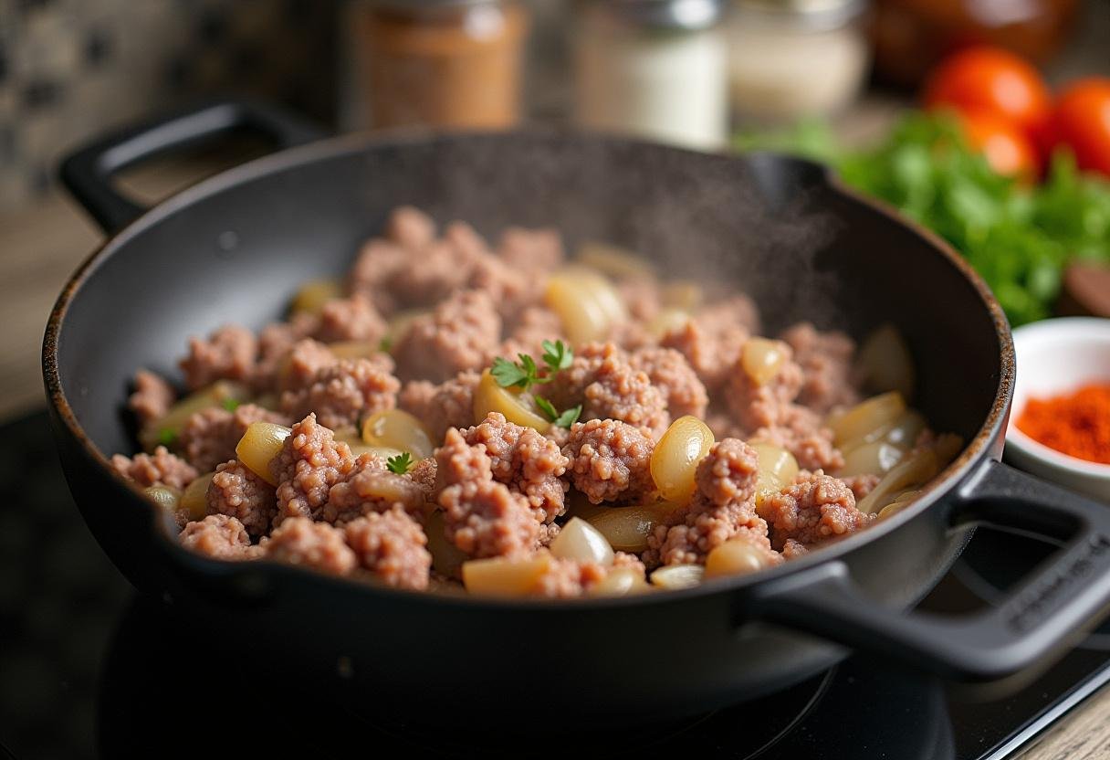 Hackfleisch und Zwiebeln werden für gefüllte Paprika angebraten im Rezept gefüllte Paprika mit Reis und Hackfleisch.