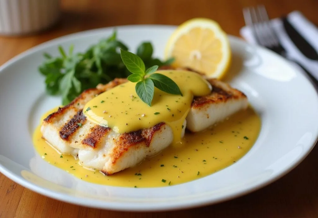 Perfekt angerichteter Fisch mit klassischer Senfsoße, ideal für Fischliebhaber.