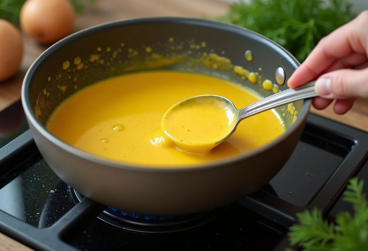 Senfsoße für Fisch köchelt auf dem Herd, untermalt mit frischen Kräutern für das Rezept.
