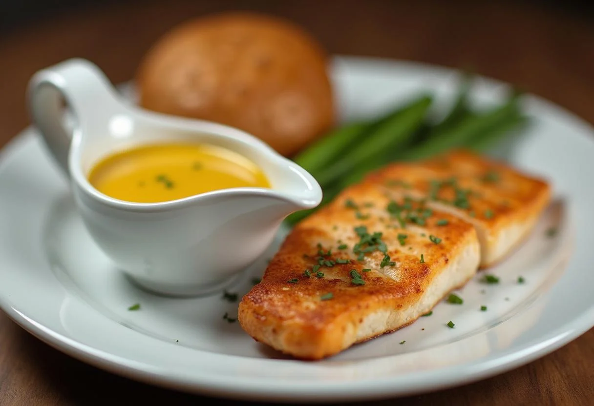 Bereite Senfsoße zu Fisch in einer Soßenschale, um perfekt zu gegrilltem Fisch zu passen.