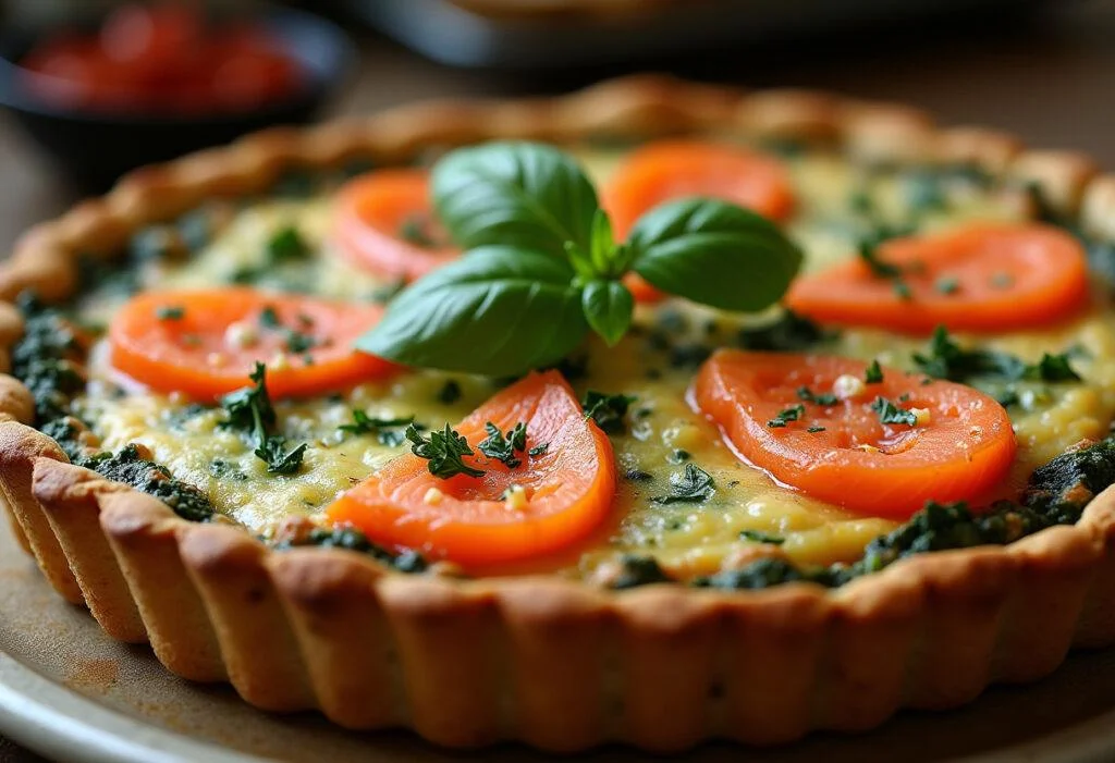 Finished spinat quiche mit lachs with crispy crust and vibrant colors.