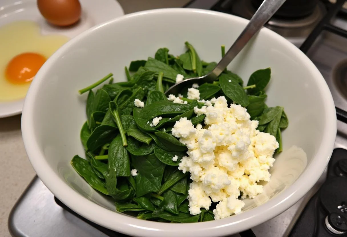 Mixing bowl with spinach and feta for lachs spinat quiche filling preparation.