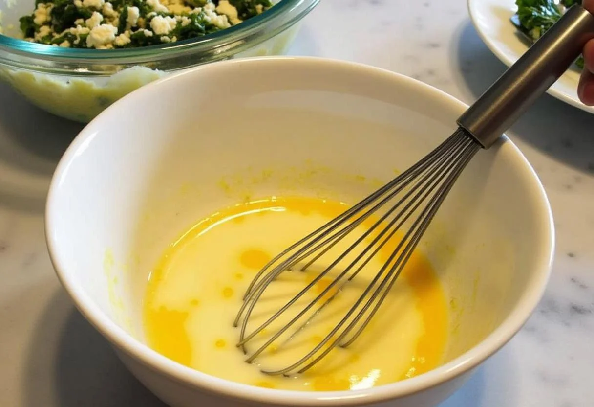Whisking together eggs and cream for spinate quiche mit lachs filling.