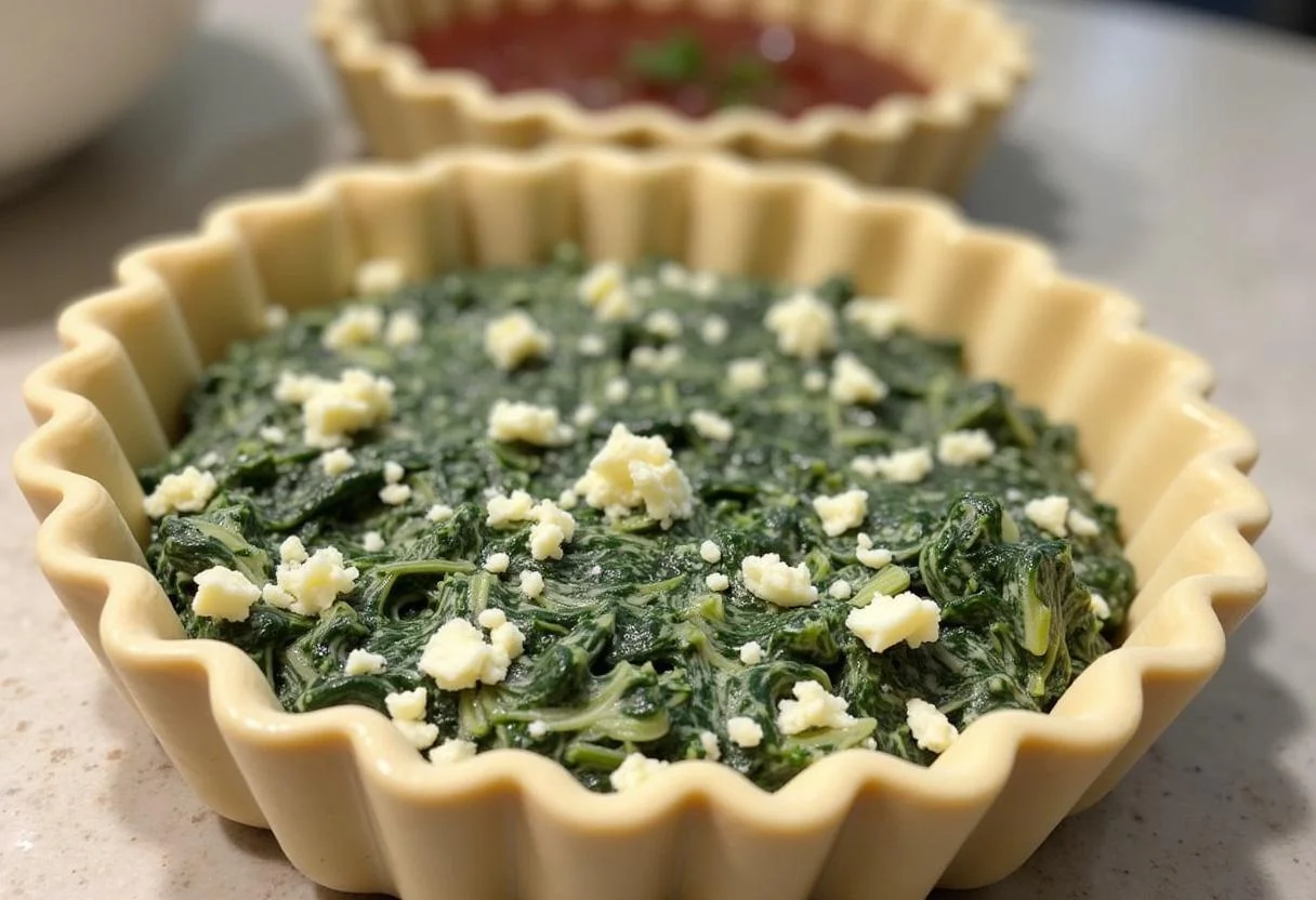 Filled pie crust for lachs spinat quiche, ready to go in the oven.