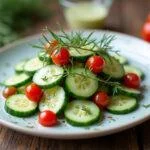 Klassischer Gurkensalat mit Dill Dressing und frischen Zutaten auf einem Tisch präsentiert.