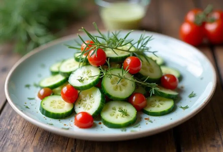 Klassischer Gurkensalat mit Dill Dressing und frischen Zutaten auf einem Tisch präsentiert.