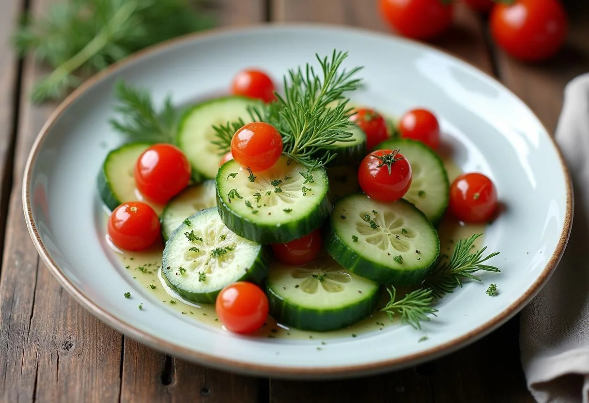 Klassischer Gurkensalat mit Dill Dressing und frischen Zutaten auf einem Tisch präsentiert.