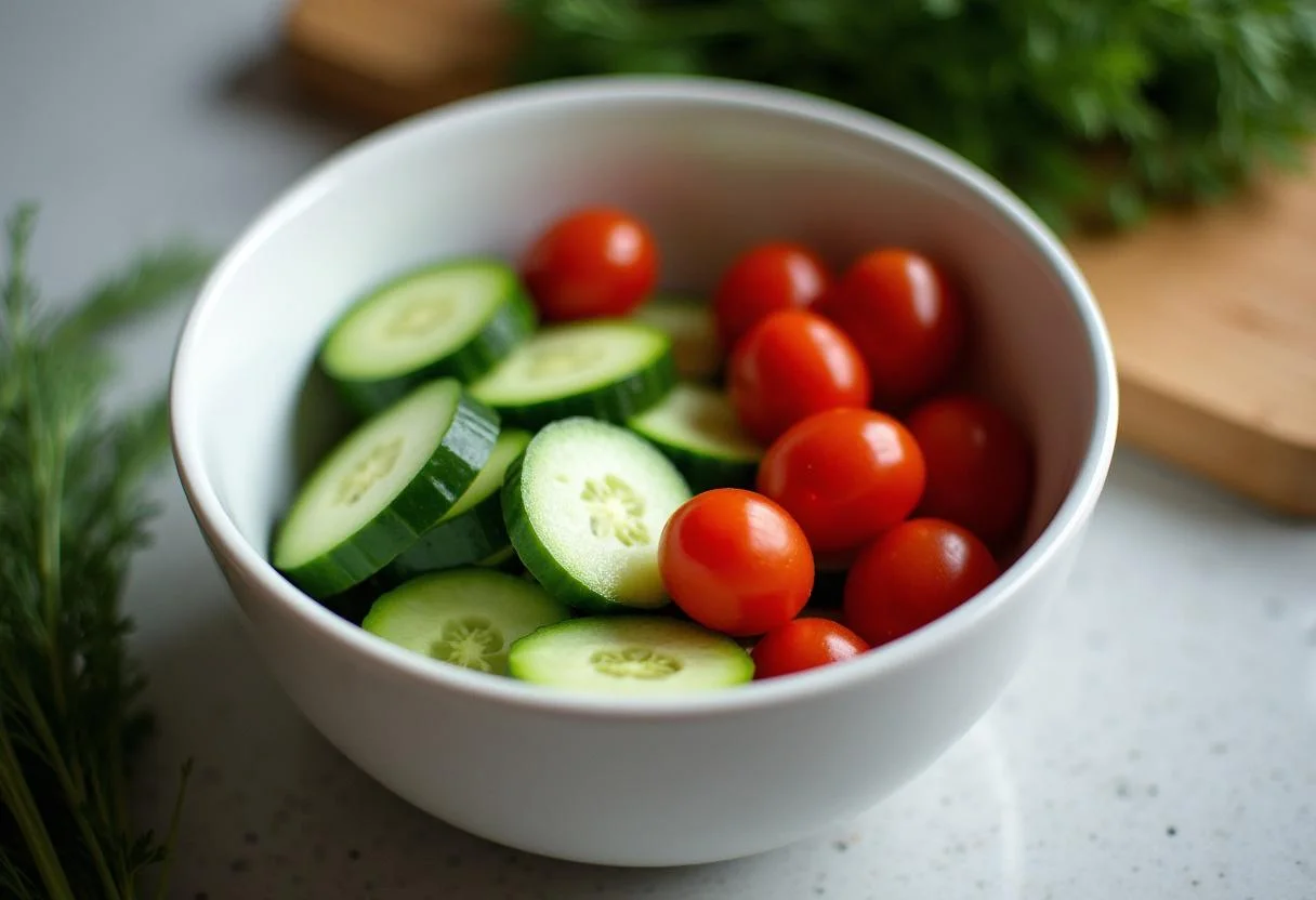 Tomaten und Gurken für Klassischer Gurkensalat mit Dill Dressing auf einer Arbeitsfläche vorbereitet.
