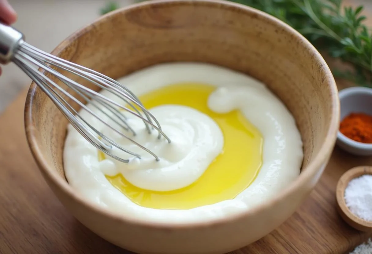 Dill Dressing für Gurkensalat wird mit Joghurt und Olivenöl angerührt.