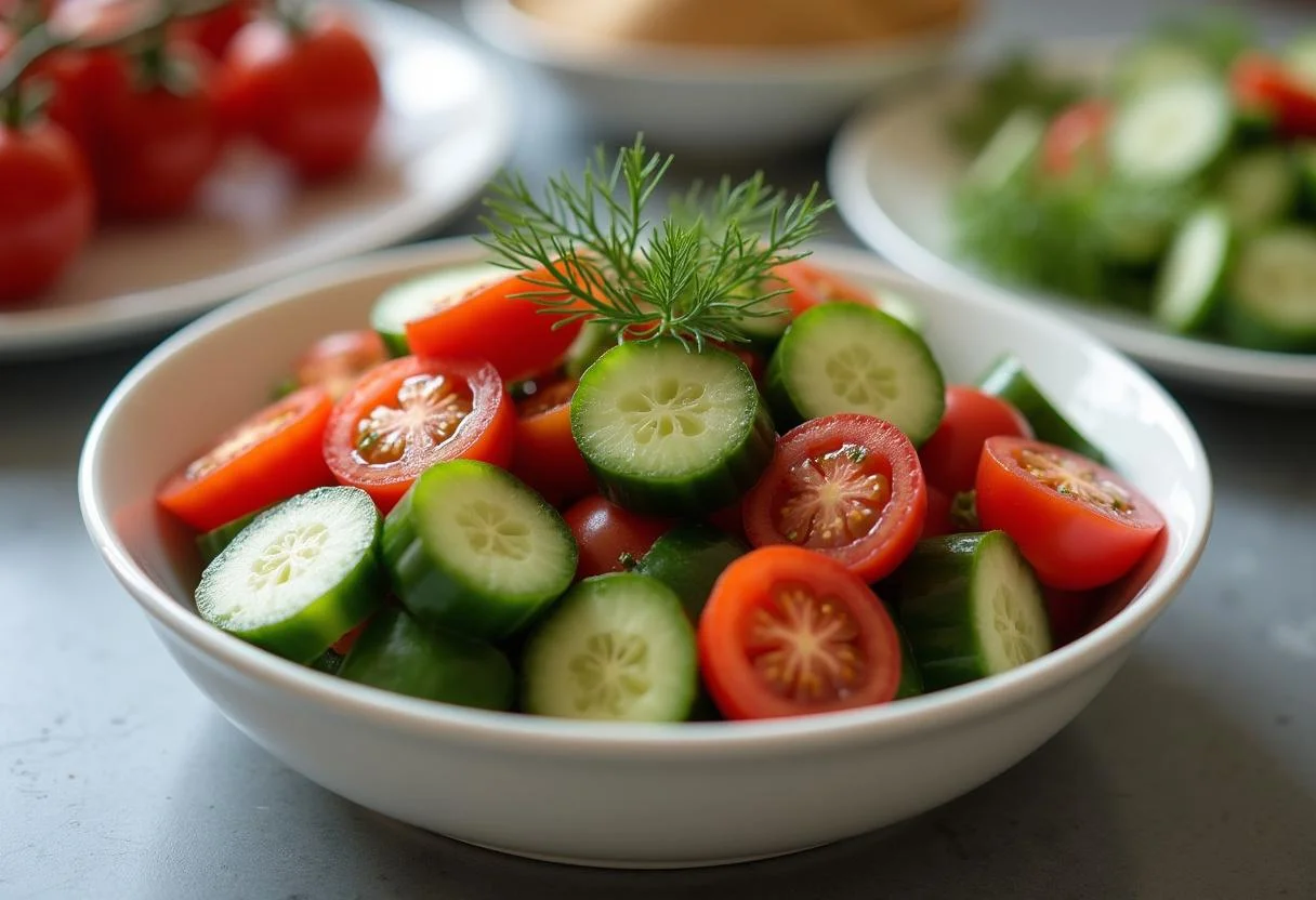 Fertiger Gurkensalat mit Dill Dressing in einer Servierschüssel, bereit zum Genießen.