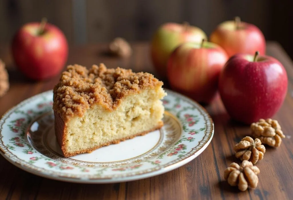 Fertiger Klassischer Kuchen mit Apfel Streusel, serviert auf einem hübschen Teller.