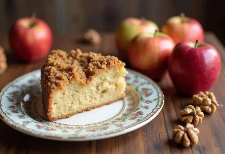 Fertiger Klassischer Kuchen mit Apfel Streusel, serviert auf einem hübschen Teller.