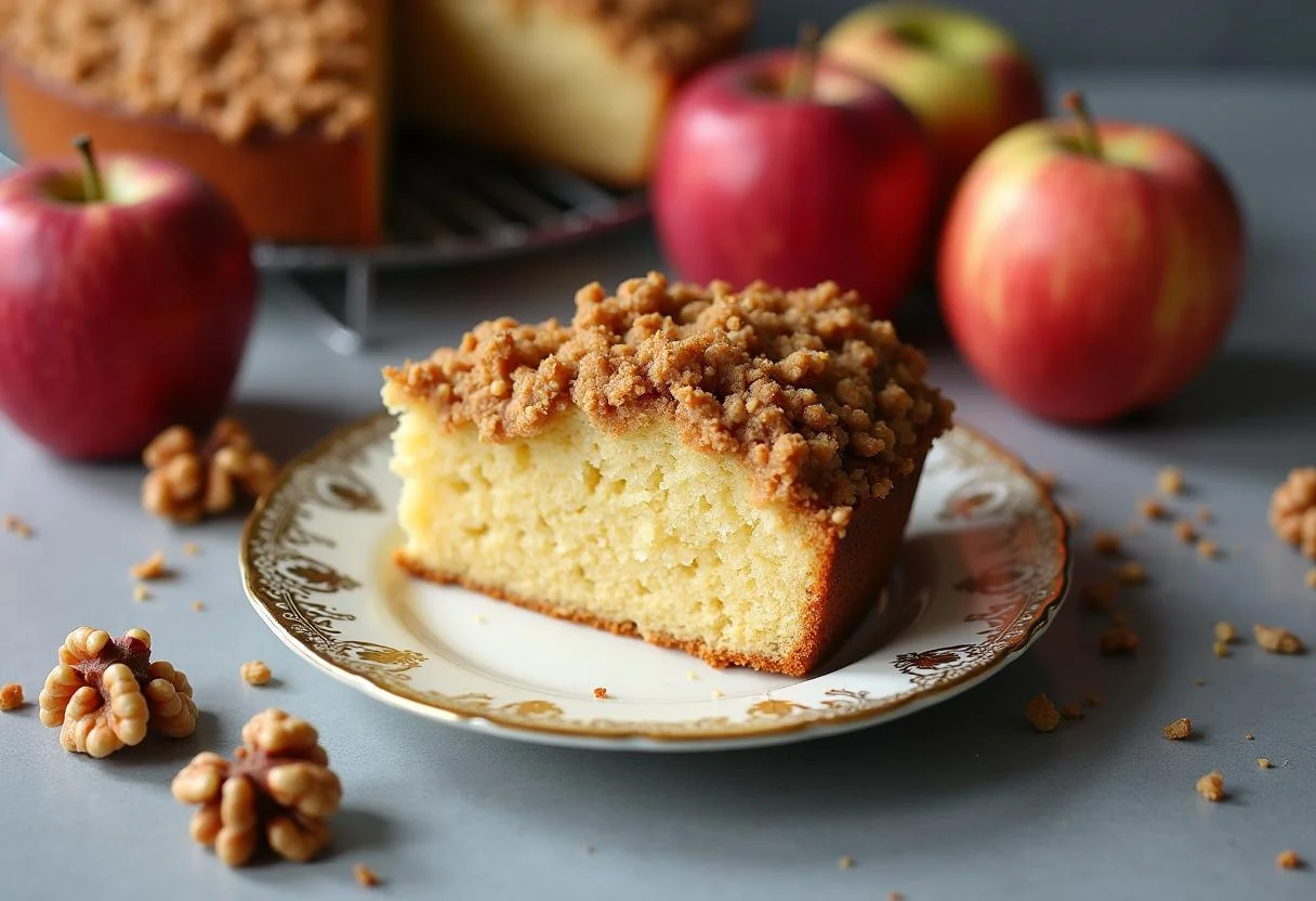 Fertiger Klassischer Kuchen mit Apfel Streusel, serviert auf einem hübschen Teller.