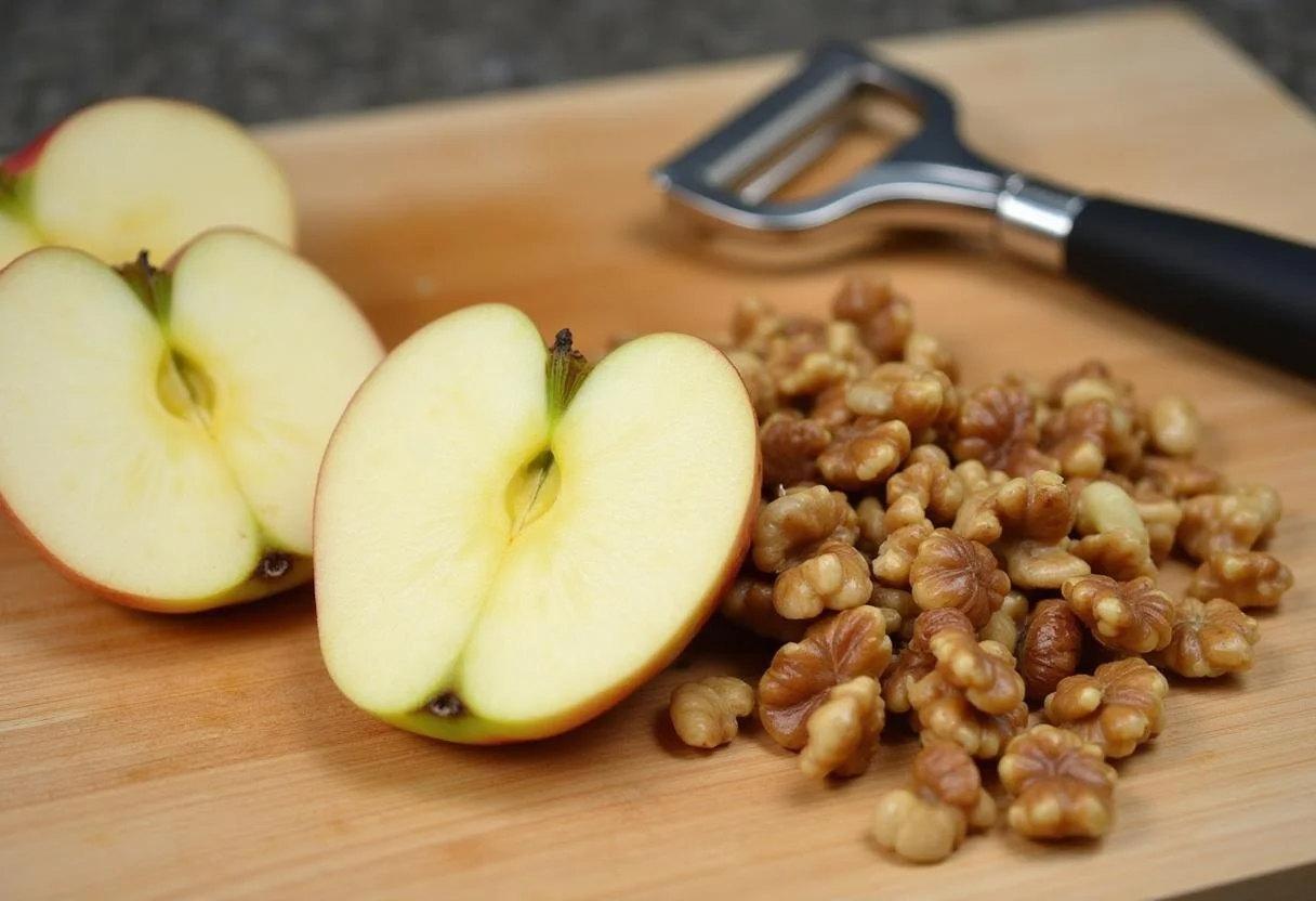 Geschnittene Äpfel und gehackte Walnüsse für den Klassischen Kuchen mit Apfel Streusel.