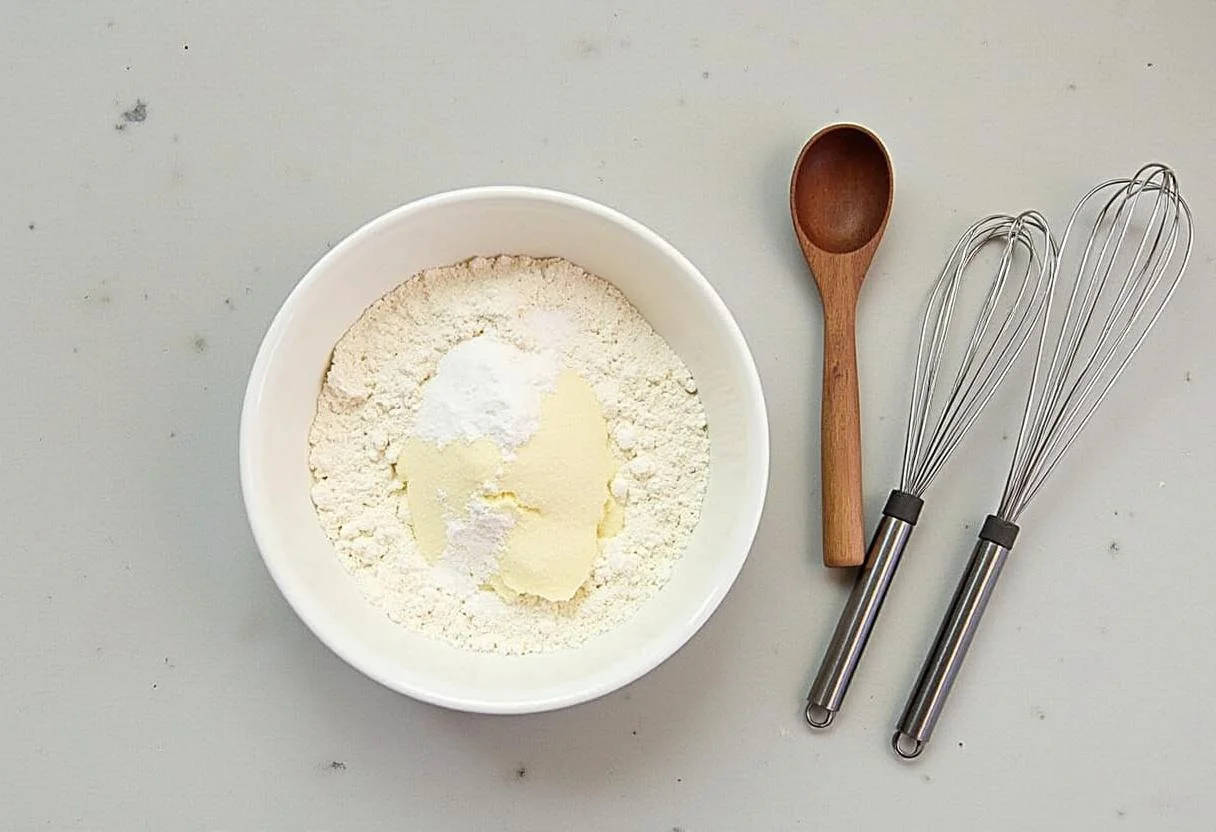 Zutaten für den Klassischen Streuselkuchen mit Mehl, Zucker und Backpulver in der Schüssel.