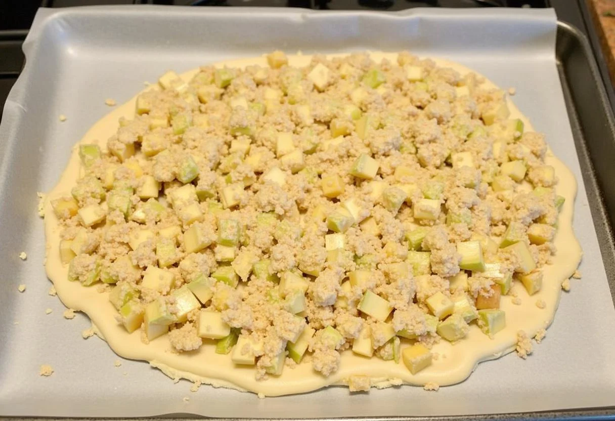 Vorbereitung des Streuselkuchen mit Äpfeln auf dem Blech, bevor die Streusel hinzugefügt werden.