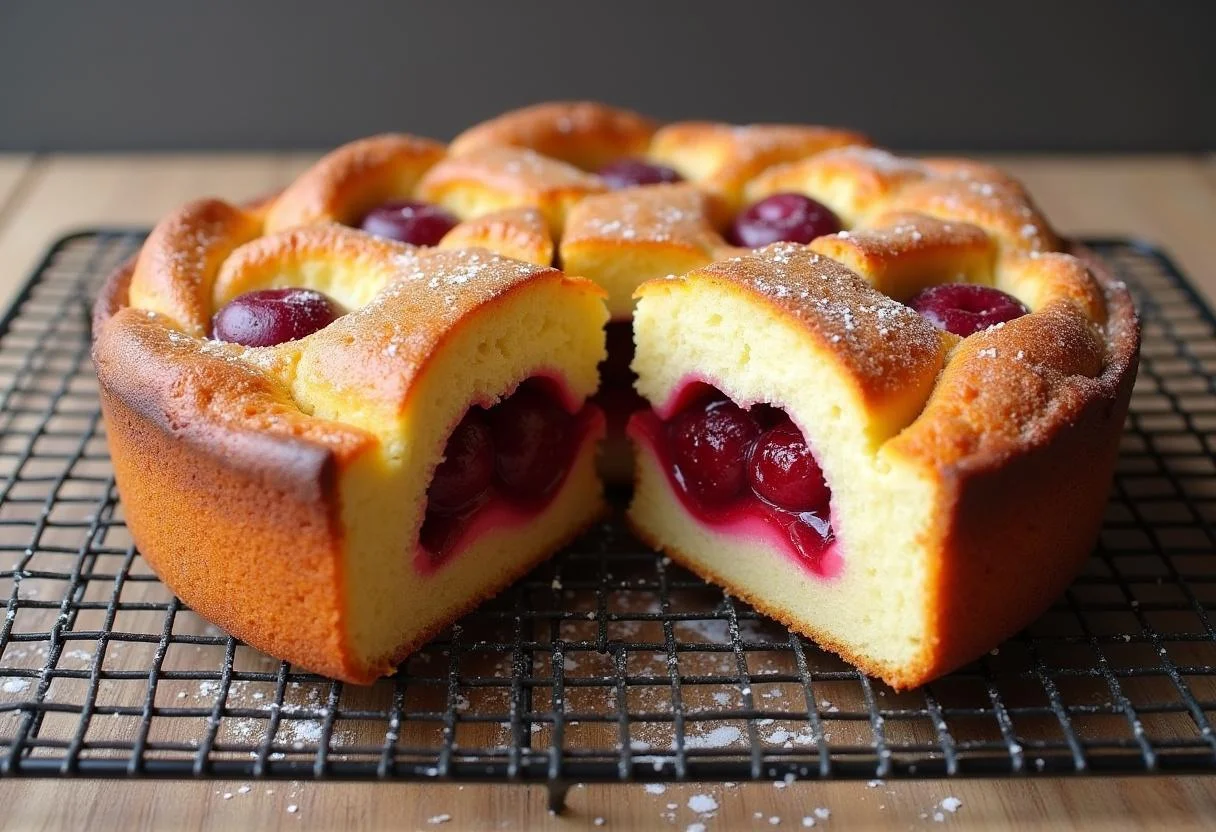 Fertiger kirsch streuselkuchen mit pudding, perfekt präsentiert zum Servieren.