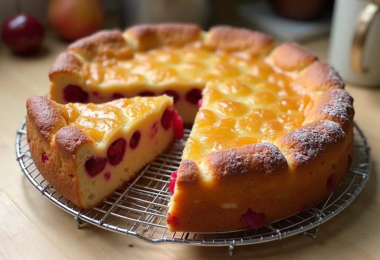 Fertiger kirsch streuselkuchen mit pudding, perfekt präsentiert zum Servieren.