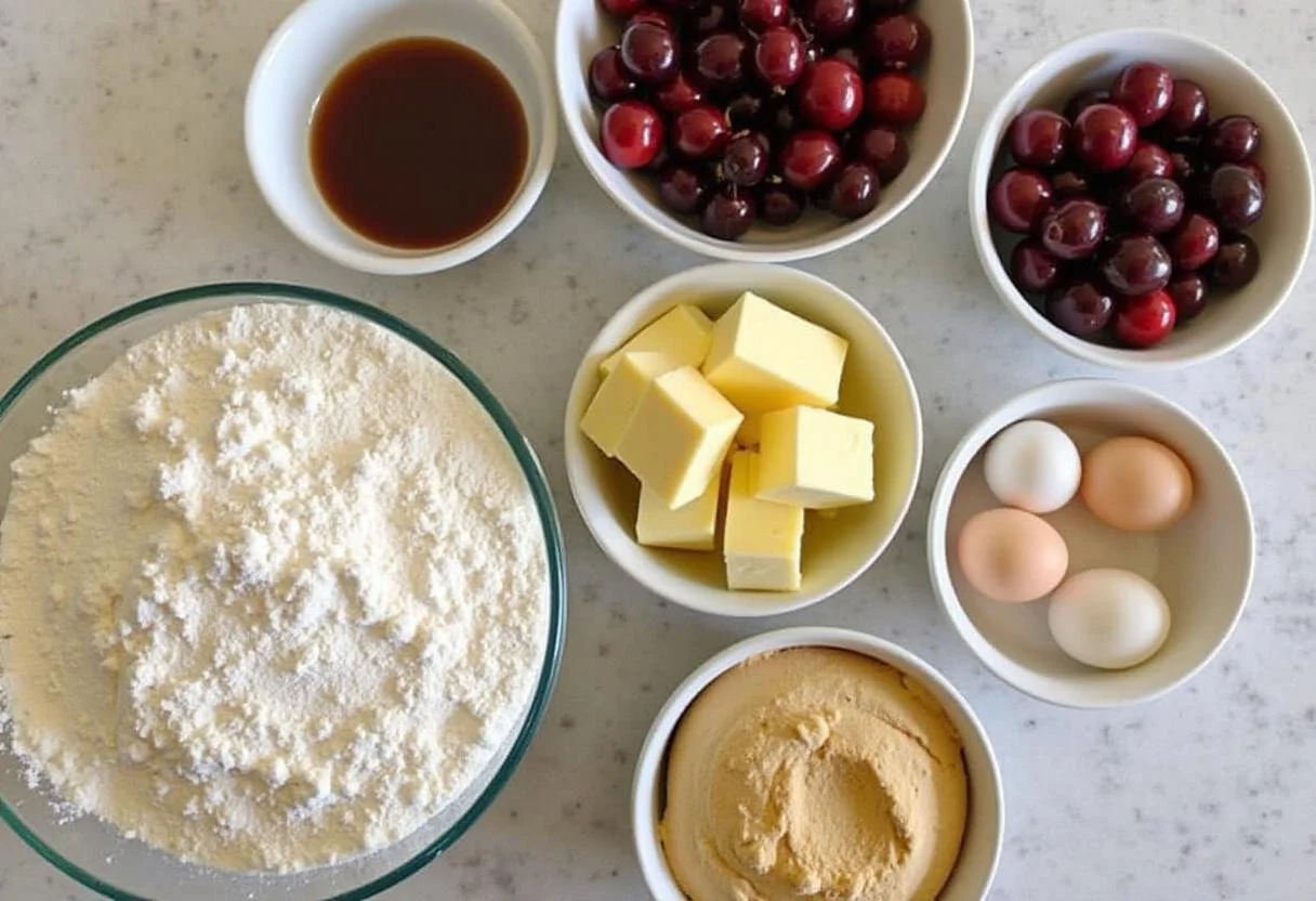 Zutaten für kirsch streuselkuchen mit pudding auf dem Küchentisch vorbereitet.
