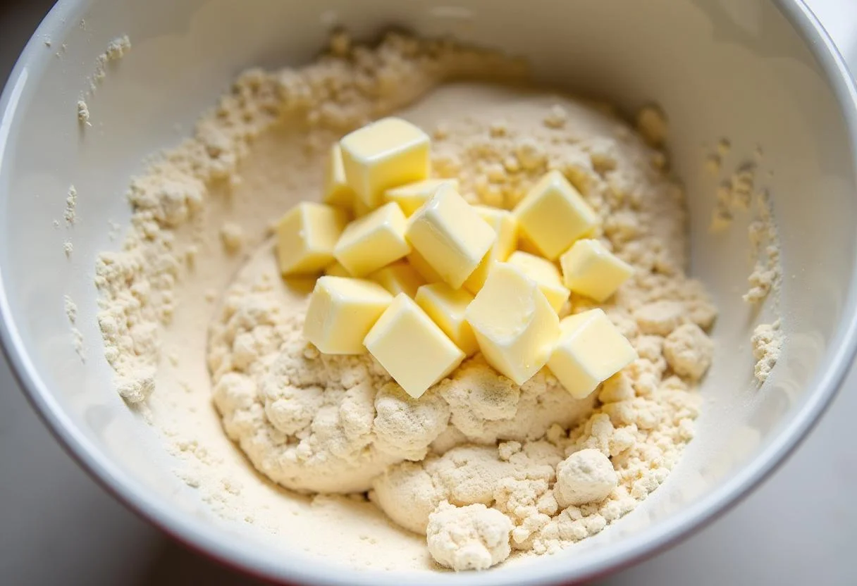 Teig für streuselkuchen mit pudding wird in einer Schüssel gemischt.