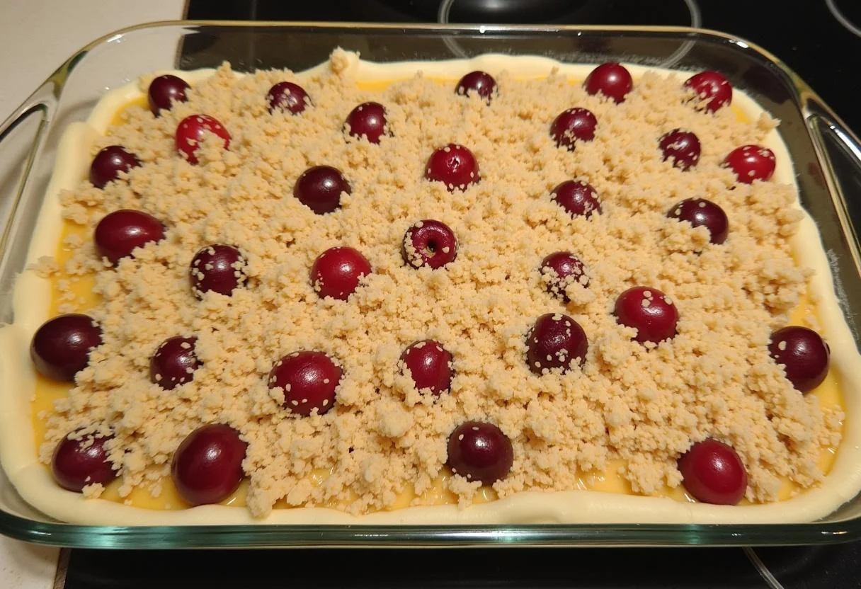 Vorbereitung des kirsch streuselkuchen mit pudding im Backblech.