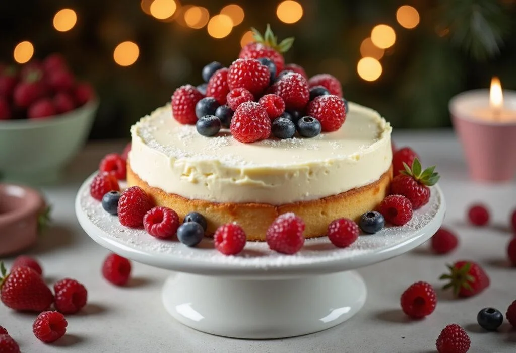 Fertiger Vanille Kuchen auf einem Kuchenständer, perfekt für jede Feier.