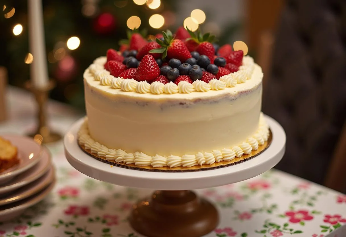Fertiger Vanille Kuchen auf einem Kuchenständer, perfekt für jede Feier.