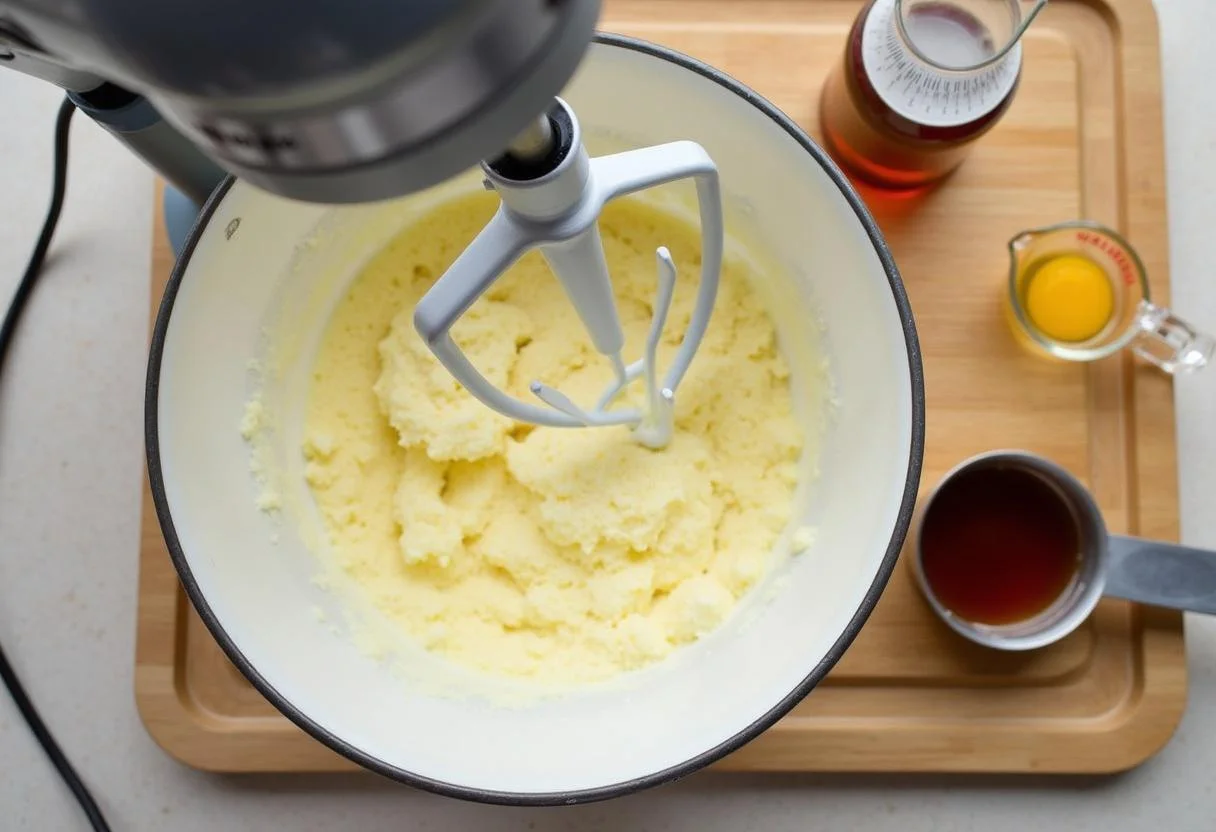 Butter und Zucker in der Küchenmaschine für das Vanille Kuchen Rezept, bereit zum Mixen.