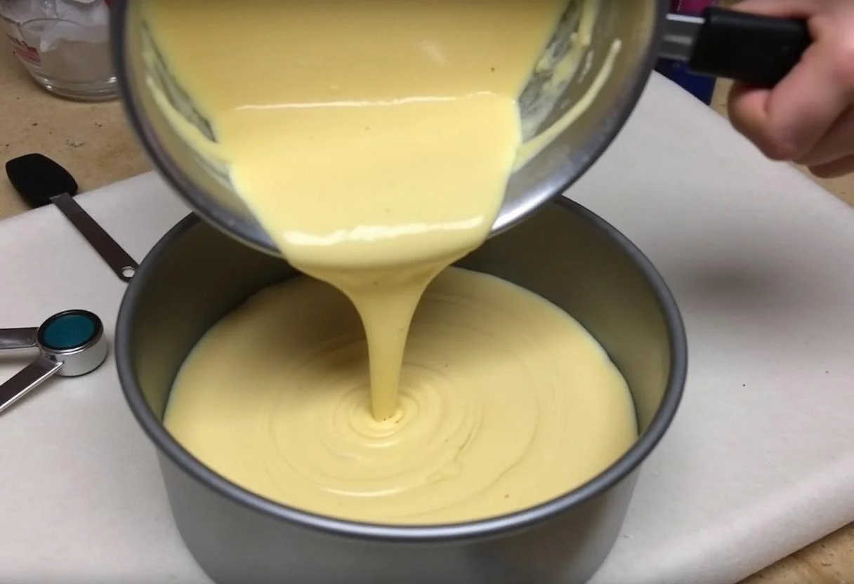 Vanille Kuchen Teig wird in die Backform gegossen für das Rezept.