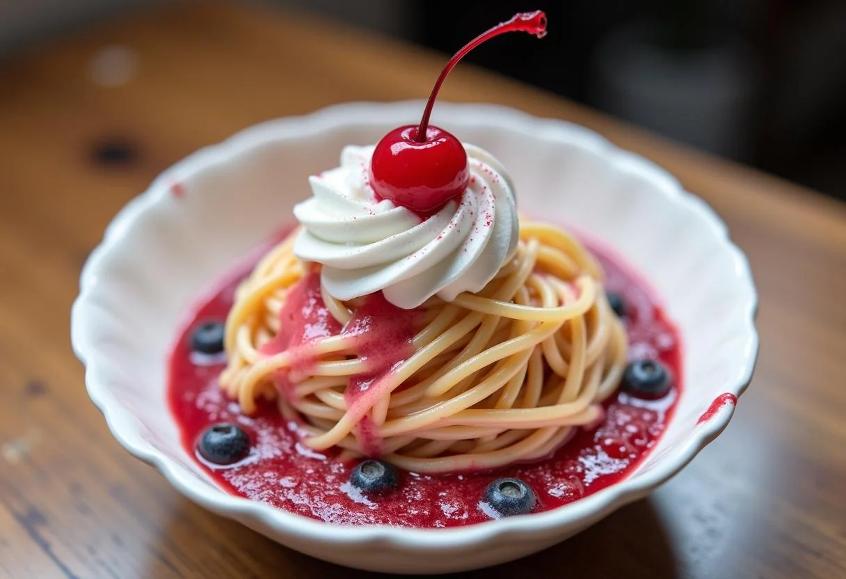 Fertiges Spaghetti Eis Dessert mit doppeltem Vergnügen, servierfertig für Eisliebhaber.