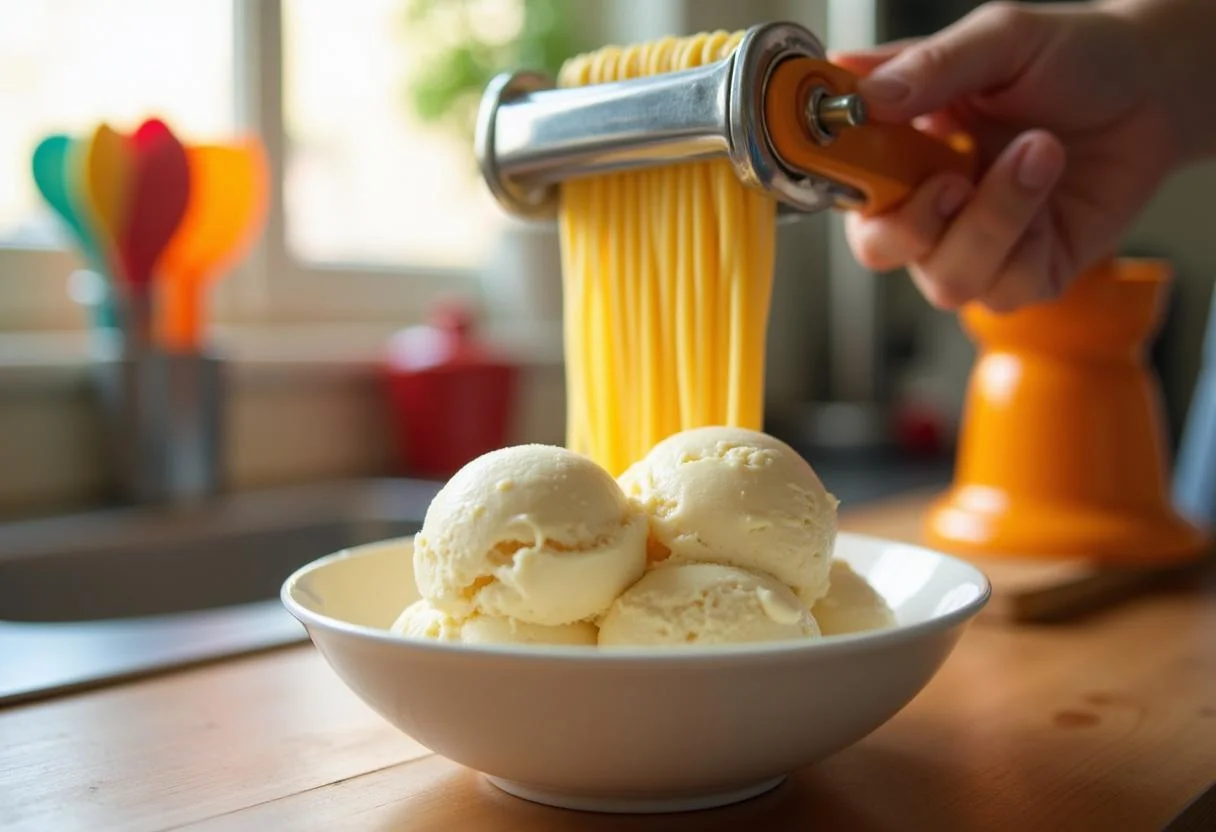 Spaghetti Eis selber machen mit einer Spaghetti Presse, die Vanilleeis formt.