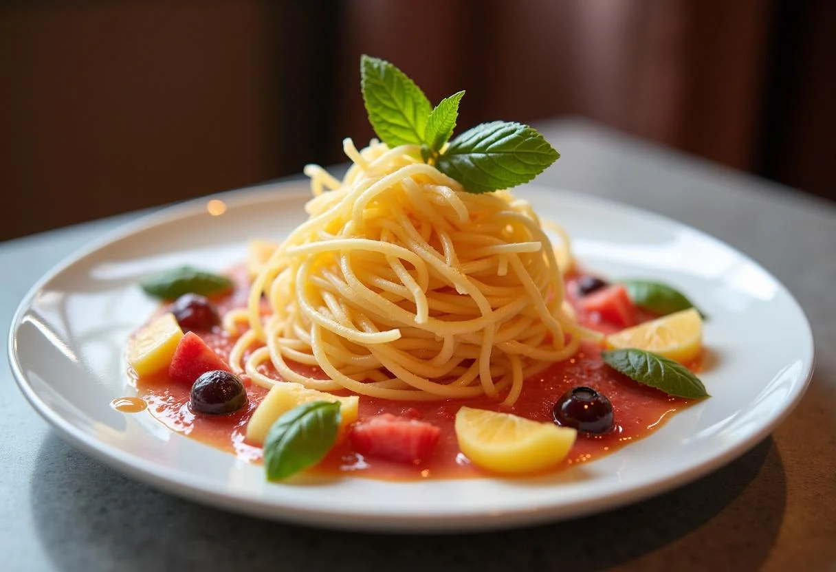 Spaghetti Eis kuchen, das auf einem Teller angerichtet wird, bereit für die Fruchtsauce.