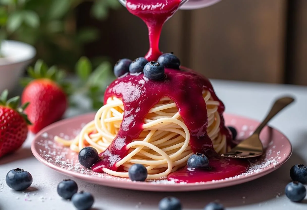 Fruchtsauce, die über das Spaghetti Eis Dessert für eine leckere Note gegossen wird.