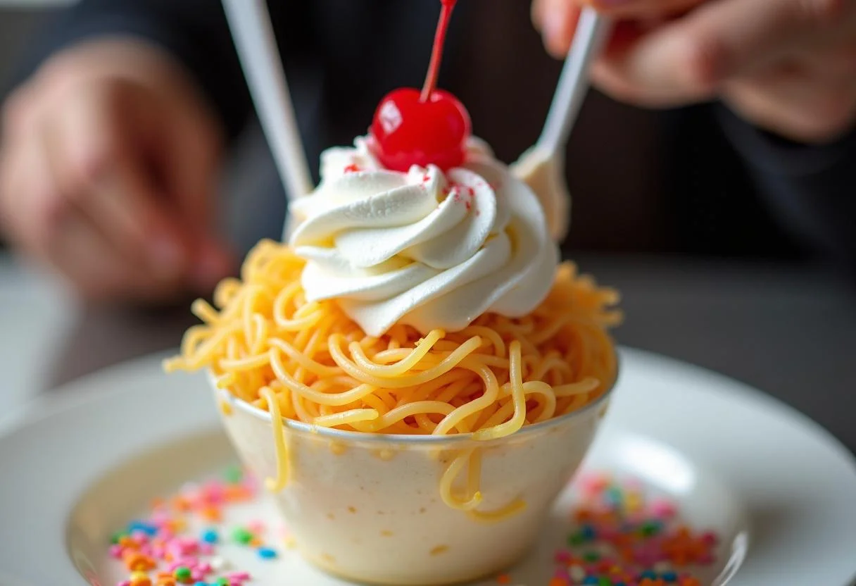Whipped cream und Kirsche, die auf das Spaghetti Eis Dessert für den letzten Schliff platziert werden.