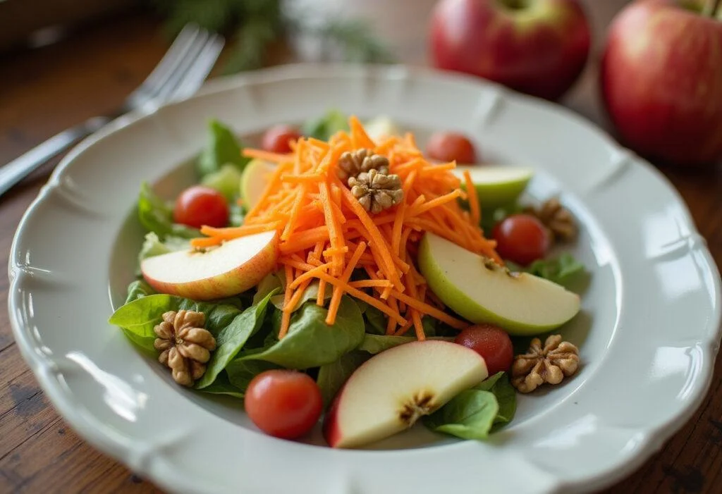 Fertiger knackiger Apfel-Salat mit Walnüssen auf dem Esstisch.