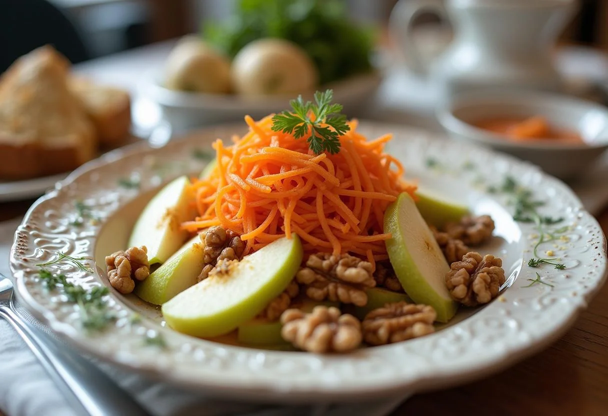 Fertiger knackiger Apfel-Salat mit Walnüssen auf dem Esstisch.