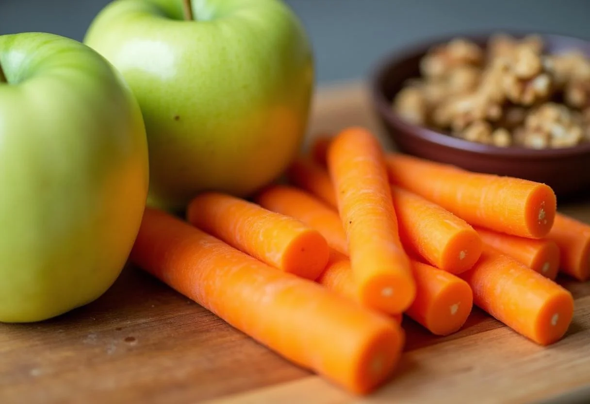Frische Zutaten für einen knackigen Apfel-Salat, einschließlich Äpfel, Karotten und Walnüsse.