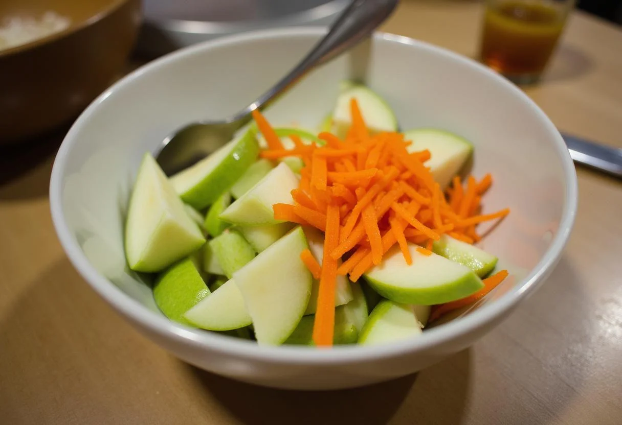 Geschnittene Äpfel und geriebene Karotten in einer Schüssel für Knackiger Apfel Salat.