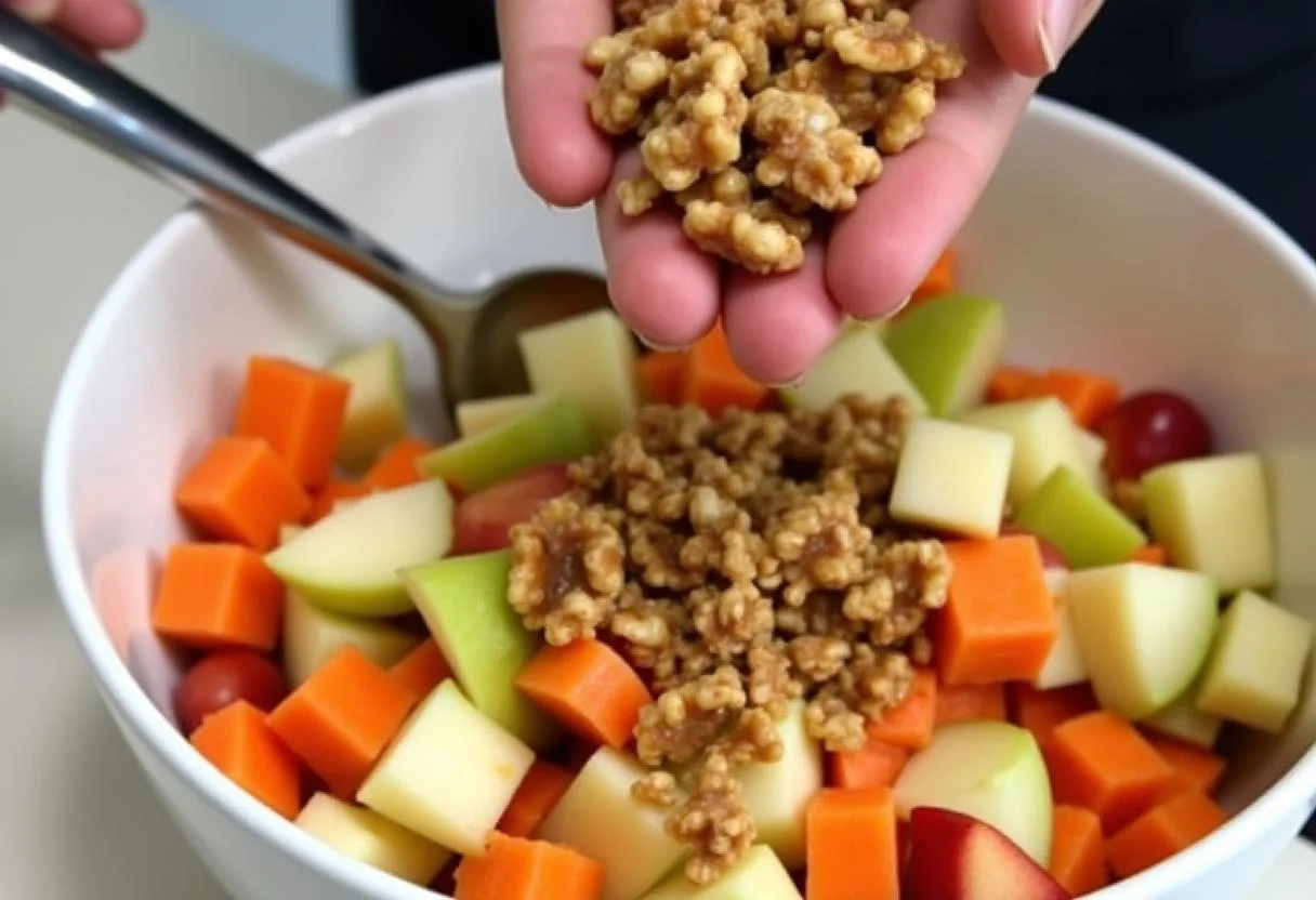 Walnüsse werden zu einem knackigen Apfel-Salat mit Karotten und Äpfeln hinzugefügt.