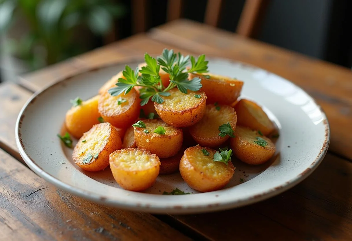 Fertige knusprige kartoffeln aus der heißluftfritteuse, perfekt angerichtet auf dem Tisch.