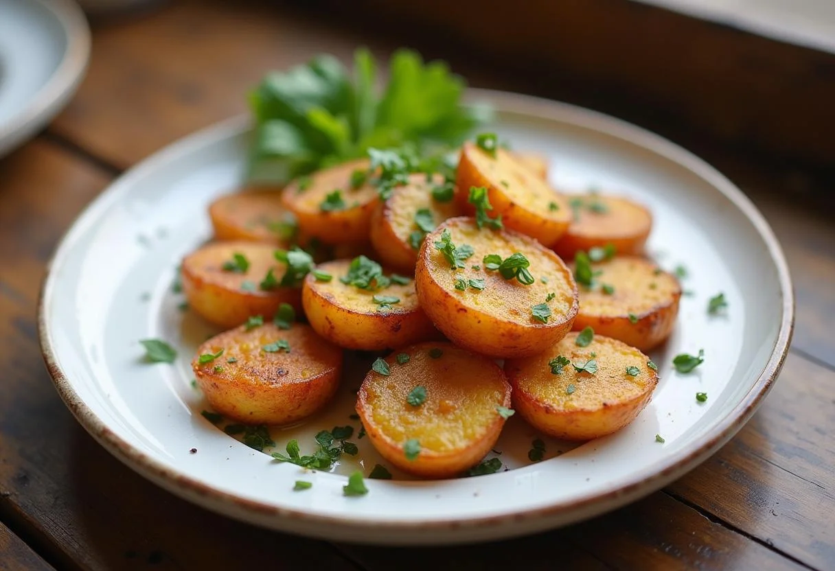 Fertige knusprige kartoffeln aus der heißluftfritteuse, perfekt angerichtet auf dem Tisch.